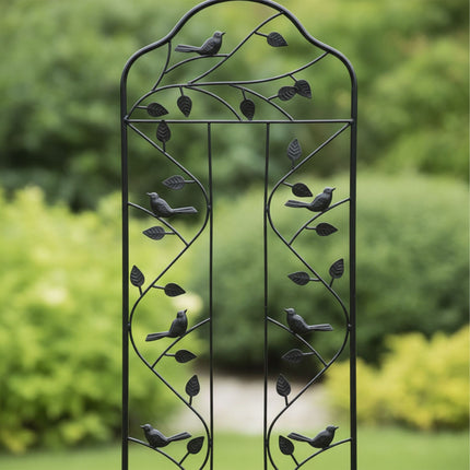 Garden Trellis, Leaf and Bird Motif, Black Steel