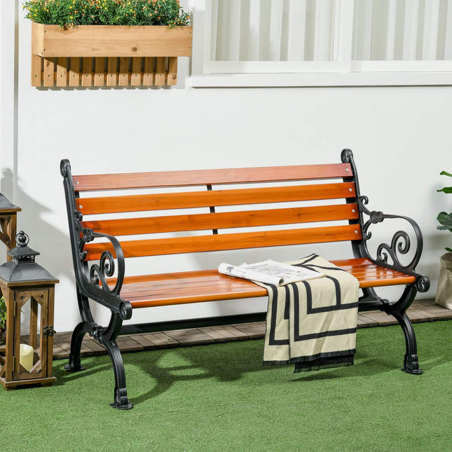Bancă de grădină, bancă de parc, bancă pentru 2 persoane, bancă de balcon cu cotiere, pentru grădină, balcon, rezistent la intemperii, lemn, 120 x 64 x 79 cm, teak