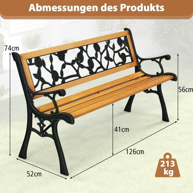 Banca de gradina cu cadru metalic turnat si sezut din lemn. Bancă ergonomică pentru 3 persoane, lungime 127,5 cm
