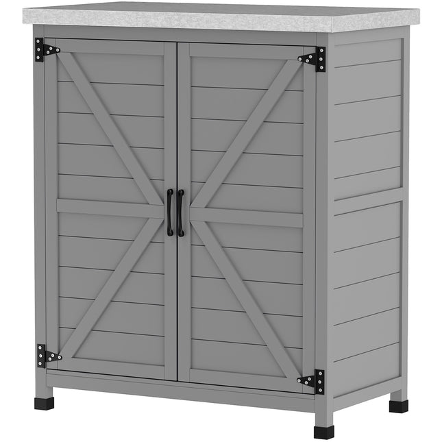 Dulap de gradina Magazin de scule din lemn de exterior rezistent la intemperii cu blat de lucru, usa dubla, raft, dulap de echipamente dulap de depozitare dulap multifunctional pentru gradina, terasa 79 x 43 x 92 cm gri