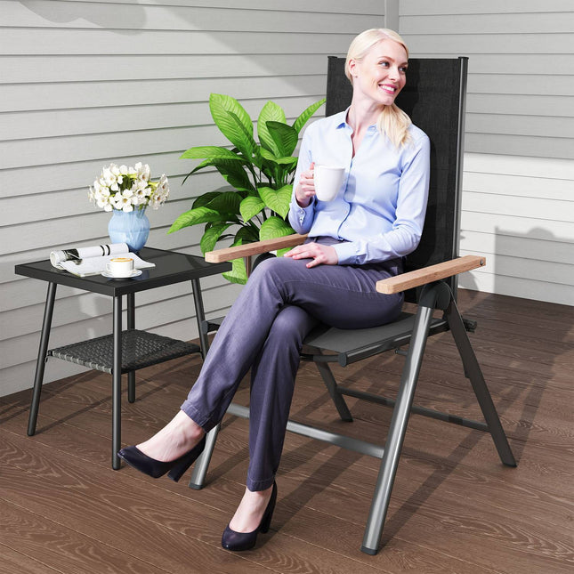 Scaun de grădină din oțel, scaun pliabil cu cotiere, scaun de balcon pliabil, scaun de camping, capacitate de încărcare 120 kg, scaun de terasă cu spătar înalt pentru grădină, balcon, 60 x 73 x 108 cm, negru Aosom