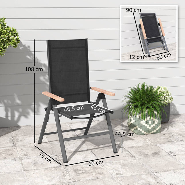 Scaun de grădină din oțel, scaun pliabil cu cotiere, scaun de balcon pliabil, scaun de camping, capacitate de încărcare 120 kg, scaun de terasă cu spătar înalt pentru grădină, balcon, 60 x 73 x 108 cm, negru Aosom