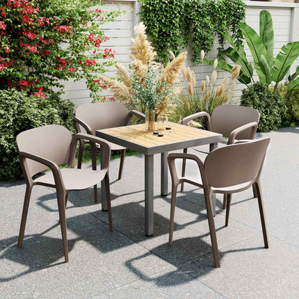 Weatherproof patio chairs in gray plastic, stackable set of 4