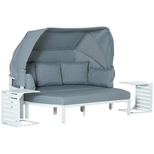 Set mobilier de gradina pentru 5 persoane cu masuta laterala si acoperis, perne din plastic PP si poliester, 190/133L x 81D x 73/62H cm, alb si gri |