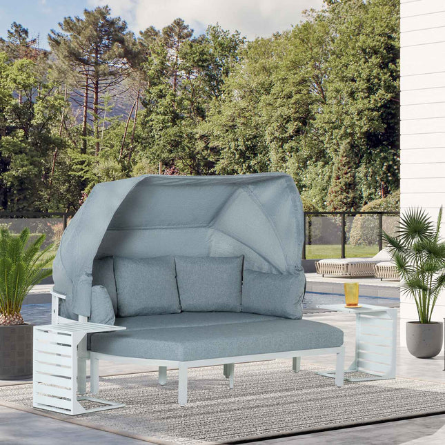 Set mobilier de gradina pentru 5 persoane cu masuta laterala si acoperis, perne din plastic PP si poliester, 190/133L x 81D x 73/62H cm, alb si gri |