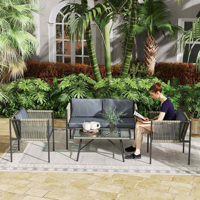 Set mobilier de gradina din polyrattan Set lounge cu 2 canapele scaune perne de masa din sticla mobilier balcon rezistent la intemperii pentru 4 persoane scaune exterioare grup mobila terasă pentru balcon de grădină gri |