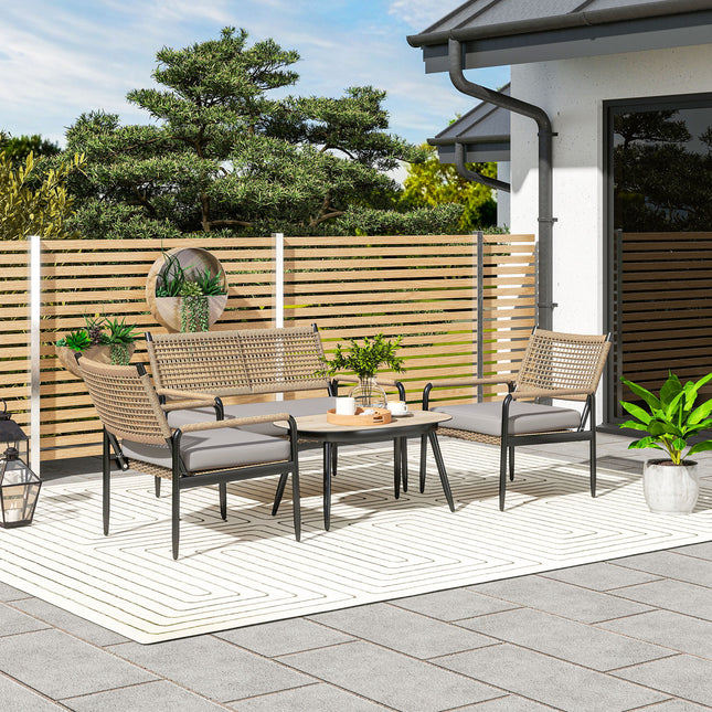 Set mobilier de gradina din polyrattan Set lounge cu 2 canapele scaune perne de masa din sticla grup de scaune rezistent la intemperii pentru 4 persoane Set mobilier balcon exterior mobilier de terasă pentru balcon de grădină gri închis + galben |