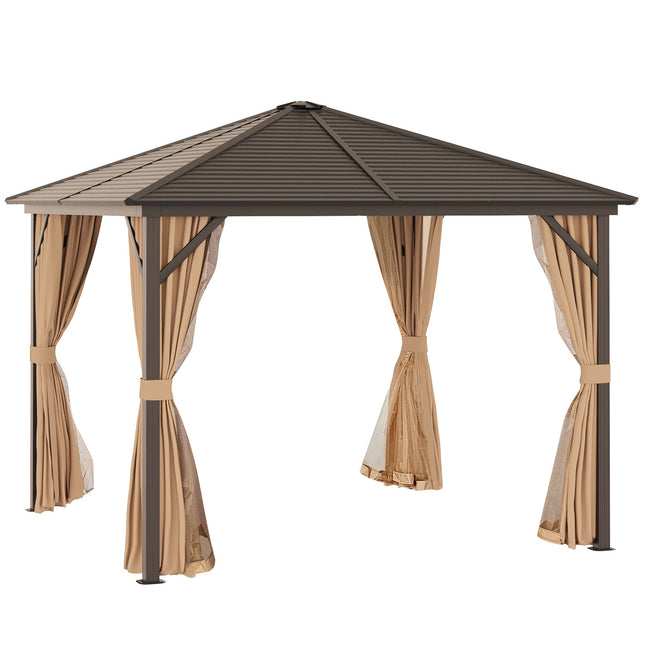 Pavilion gradina cort petrecere 4 x pereti laterali dubli carlige felinar aluminiu + poliester bronz + maro deschis aprox. 3 x 3 x 2,5 m |