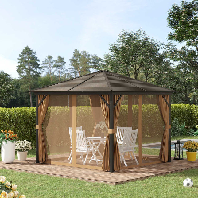 Pavilion gradina cort petrecere 4 x pereti laterali dubli carlige felinar aluminiu + poliester bronz + maro deschis aprox. 3 x 3 x 2,5 m |