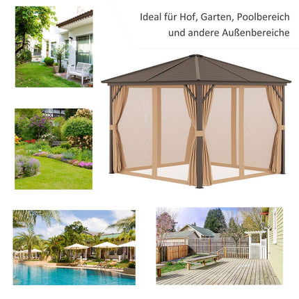 Pavilion gradina cort petrecere 4 x pereti laterali dubli carlige felinar aluminiu + poliester bronz + maro deschis aprox. 3 x 3 x 2,5 m |