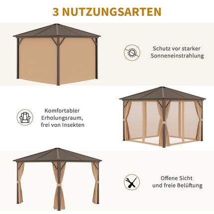 Pavilion gradina cort petrecere 4 x pereti laterali dubli carlige felinar aluminiu + poliester bronz + maro deschis aprox. 3 x 3 x 2,5 m |