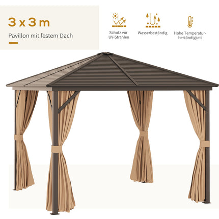 Pavilion gradina cort petrecere 4 x pereti laterali dubli carlige felinar aluminiu + poliester bronz + maro deschis aprox. 3 x 3 x 2,5 m |