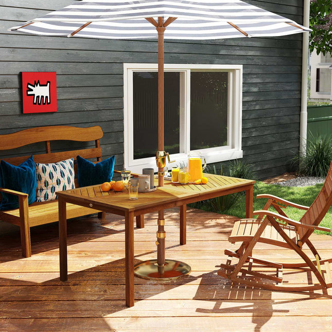 Masa de gradina 150x85cm, masa de balcon rezistenta la intemperii din lemn, 6 persoane cu gaura pentru umbrela, design lapci lemn natural