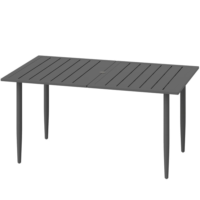 Masa de gradina 150x90cm, masa de balcon rezistenta la intemperii din otel, masa de balcon cu gaura pentru umbrela, design sipci, masa de camping in aer liber, masa laterala, masa rectangulara pentru gradina, balcon, negru