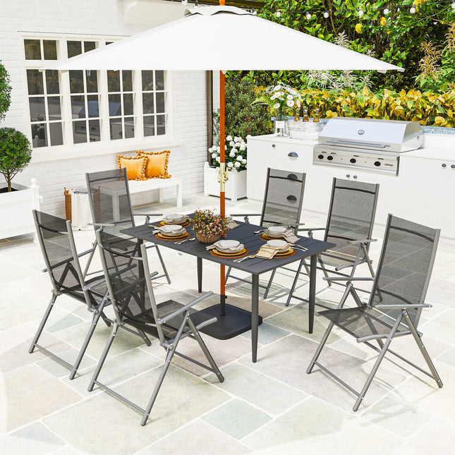 Masa de gradina 150x90cm, masa de balcon rezistenta la intemperii din otel, masa de balcon cu gaura pentru umbrela, design sipci, masa de camping in aer liber, masa laterala, masa rectangulara pentru gradina, balcon, negru