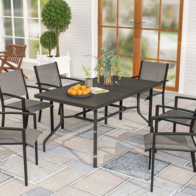Masa de gradina 152x90 cm, masa de balcon rezistenta la intemperii din otel, masuta laterala cu gaura pentru umbrela, masa de sufragerie exterioara cu sipci, masa de camping, masa rectangulara de patio pentru balcon de gradina negru |