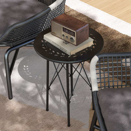 Masa de gradina Ø40 x 50cm, masa de balcon rezistenta la intemperii din otel, masuta laterala cu picioare de protectie cu design floral, masa rotunda de exterior, masa de camping, masa de terasă pentru gradina, terasa, balcon, negru