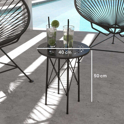 Masa de gradina Ø40 x 50cm, masa de balcon rezistenta la intemperii din otel, masuta laterala cu picioare de protectie cu design floral, masa rotunda de exterior, masa de camping, masa de terasă pentru gradina, terasa, balcon, negru