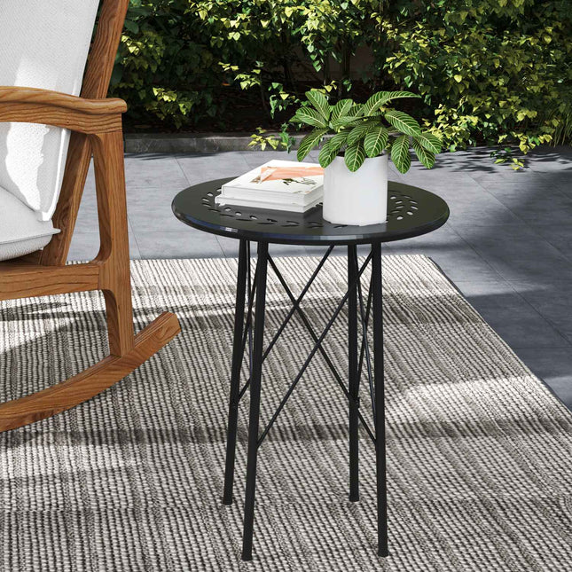 Masa de gradina Ø40 x 50cm, masa de balcon rezistenta la intemperii din otel, masuta laterala cu picioare de protectie cu design floral, masa rotunda de exterior, masa de camping, masa de terasă pentru gradina, terasa, balcon, negru