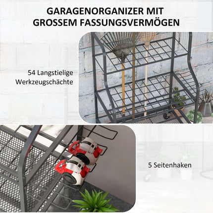 Garden tool rack with hooks - 3 levels, 40 kg load capacity