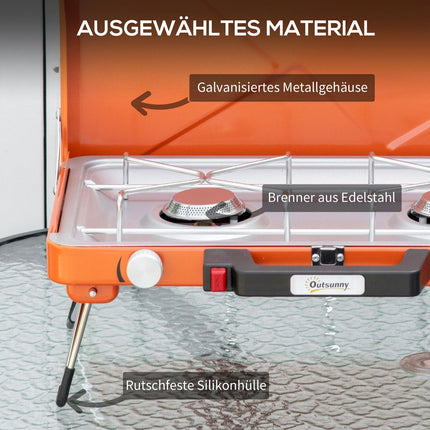 Grătar cu gaz Grătar de masă Grătar 2 arzătoare Regulator de furtun pliabil Oțel inoxidabil Metal Portocaliu 46,5X33,5X17,4Cm