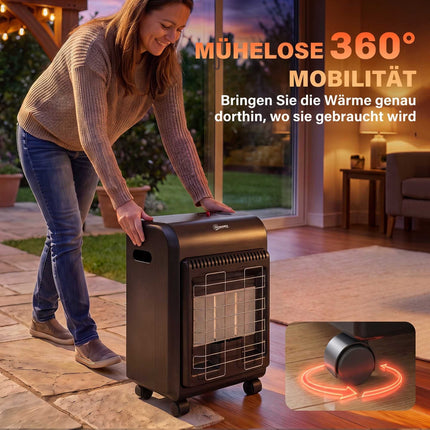 Gas Heater 1.5–4.2 kW with 3 Heat Settings and Wheels, Black, Piezo Ignition