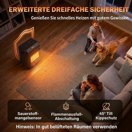 Gas Heater 1.5–4.2 kW with 3 Heat Settings and Wheels, Black, Piezo Ignition
