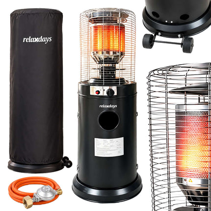 Gas Patio Heater 10-11 kW with Piezo Ignition and Castors, Cover, Black