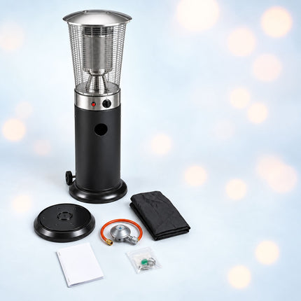 Gas Patio Heater 10-11 kW with Piezo Ignition and Castors, Cover, Black