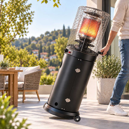 Gas Patio Heater 10-11 kW with Piezo Ignition and Castors, Cover, Black