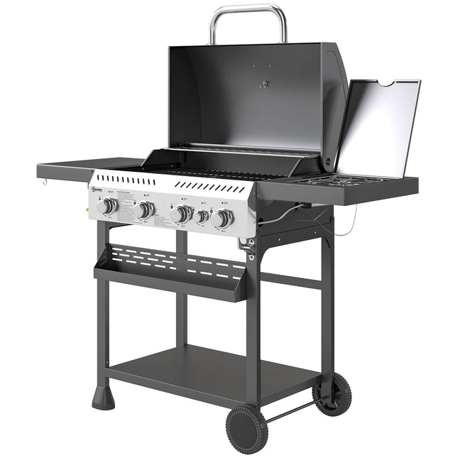 Gratar cu gaz 12 KW 4+1 arzator Carucior gratar BBQ din otel inoxidabil inclusiv arzator lateral termometru gratar gratar plita deschizator sticle rafturi laterale gratar cu gaz pentru balcon camping 135 x 55 x 103cm |