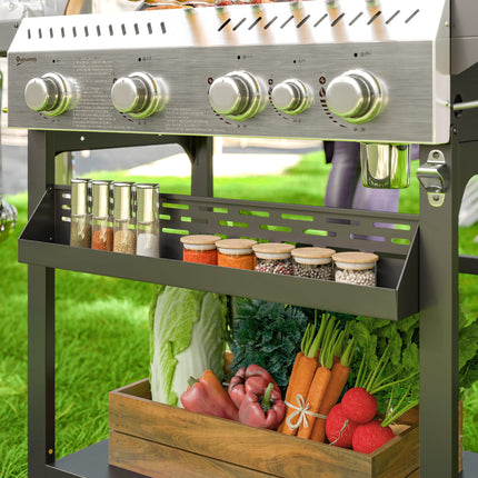 Gratar cu gaz 12 KW 4+1 arzator Carucior gratar BBQ din otel inoxidabil inclusiv arzator lateral termometru gratar gratar plita deschizator sticle rafturi laterale gratar cu gaz pentru balcon camping 135 x 55 x 103cm |