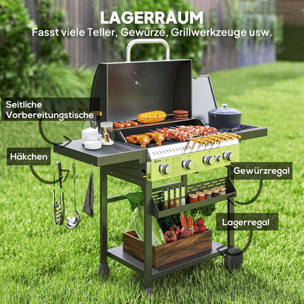 Gratar cu gaz 12 KW 4+1 arzator Carucior gratar BBQ din otel inoxidabil inclusiv arzator lateral termometru gratar gratar plita deschizator sticle rafturi laterale gratar cu gaz pentru balcon camping 135 x 55 x 103cm |