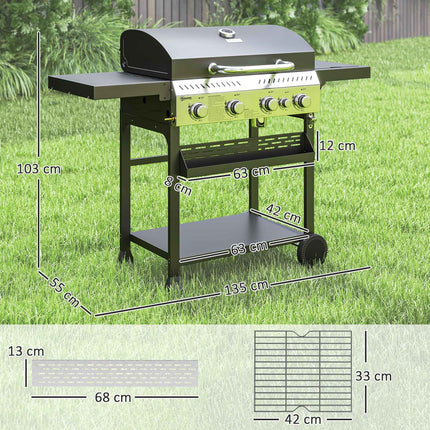 Gratar cu gaz 12 KW 4+1 arzator Carucior gratar BBQ din otel inoxidabil inclusiv arzator lateral termometru gratar gratar plita deschizator sticle rafturi laterale gratar cu gaz pentru balcon camping 135 x 55 x 103cm |