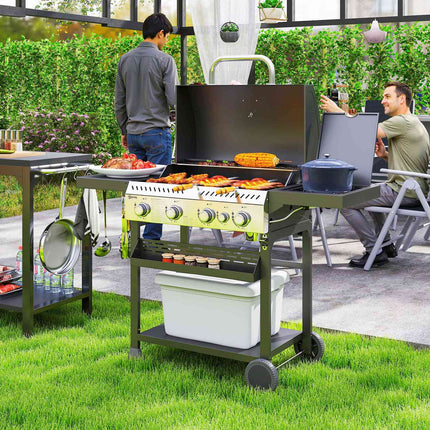 Gratar cu gaz 12 KW 4+1 arzator Carucior gratar BBQ din otel inoxidabil inclusiv arzator lateral termometru gratar gratar plita deschizator sticle rafturi laterale gratar cu gaz pentru balcon camping 135 x 55 x 103cm |