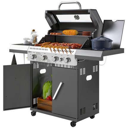 Gratar cu gaz 12 KW Carucior gratar cu 5 arzatoare laterale rola reductor de presiune capac furtun gaz 2 zone de incalzire termometru rafturi laterale, gratar gradina BBQ pentru balcon, gratar 135 x 54 x 110 cm |