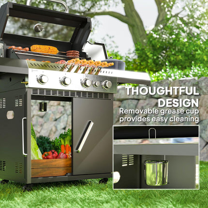 Gratar cu gaz 12 KW Carucior gratar cu 5 arzatoare laterale rola reductor de presiune capac furtun gaz 2 zone de incalzire termometru rafturi laterale, gratar gradina BBQ pentru balcon, gratar 135 x 54 x 110 cm |