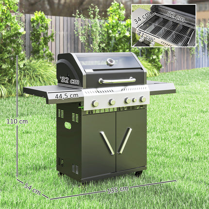 Gratar cu gaz 12 KW Carucior gratar cu 5 arzatoare laterale rola reductor de presiune capac furtun gaz 2 zone de incalzire termometru rafturi laterale, gratar gradina BBQ pentru balcon, gratar 135 x 54 x 110 cm |