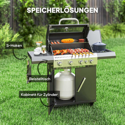 Gratar cu gaz 12 KW Carucior gratar cu 5 arzatoare laterale rola reductor de presiune capac furtun gaz 2 zone de incalzire termometru rafturi laterale, gratar gradina BBQ pentru balcon, gratar 135 x 54 x 110 cm |