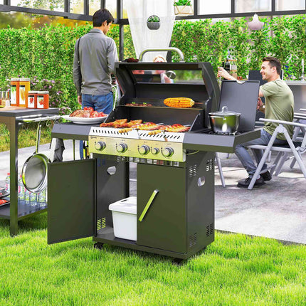 Gratar cu gaz 12 KW Carucior gratar cu 5 arzatoare laterale rola reductor de presiune capac furtun gaz 2 zone de incalzire termometru rafturi laterale, gratar gradina BBQ pentru balcon, gratar 135 x 54 x 110 cm |