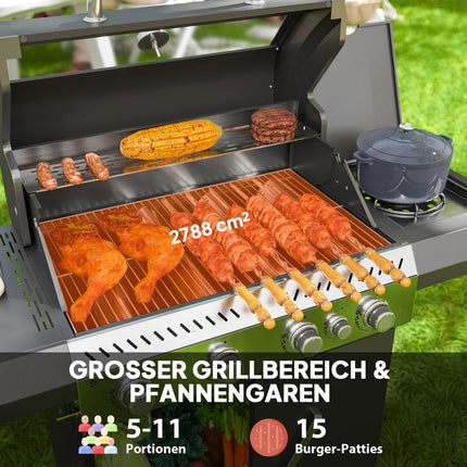 Gratar cu gaz 12 KW Carucior gratar cu 5 arzatoare laterale rola reductor de presiune capac furtun gaz 2 zone de incalzire termometru rafturi laterale, gratar gradina BBQ pentru balcon, gratar 135 x 54 x 110 cm |