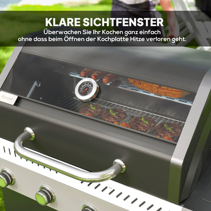 Gratar cu gaz 12 KW Carucior gratar cu 5 arzatoare laterale rola reductor de presiune capac furtun gaz 2 zone de incalzire termometru rafturi laterale, gratar gradina BBQ pentru balcon, gratar 135 x 54 x 110 cm |