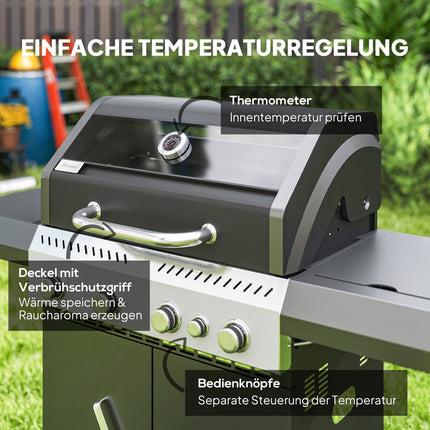 Gratar cu gaz 12 KW Carucior gratar cu 5 arzatoare laterale rola reductor de presiune capac furtun gaz 2 zone de incalzire termometru rafturi laterale, gratar gradina BBQ pentru balcon, gratar 135 x 54 x 110 cm |