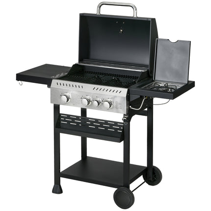 Gratar pe gaz 3 KW 3 + 1 arzator Carucior gratar BBQ din inox inclusiv arzator lateral, termometru, gratar gratar, plita, deschizator sticle, rafturi laterale, gratar pe gaz pentru balcon, camping 123 x 52 x 101 cm |