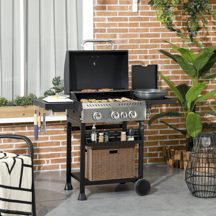 Gratar pe gaz 3 KW 3 + 1 arzator Carucior gratar BBQ din inox inclusiv arzator lateral, termometru, gratar gratar, plita, deschizator sticle, rafturi laterale, gratar pe gaz pentru balcon, camping 123 x 52 x 101 cm |