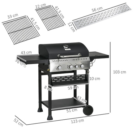Gratar pe gaz 3 KW 3 + 1 arzator Carucior gratar BBQ din inox inclusiv arzator lateral, termometru, gratar gratar, plita, deschizator sticle, rafturi laterale, gratar pe gaz pentru balcon, camping 123 x 52 x 101 cm |
