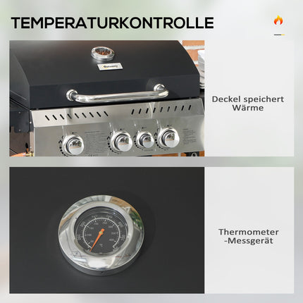 Gratar pe gaz 3 KW 3 + 1 arzator Carucior gratar BBQ din inox inclusiv arzator lateral, termometru, gratar gratar, plita, deschizator sticle, rafturi laterale, gratar pe gaz pentru balcon, camping 123 x 52 x 101 cm |