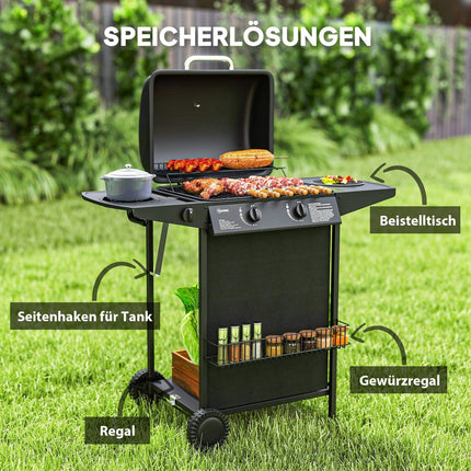 Gas grill with 3 burners and side burner, lid & shelf