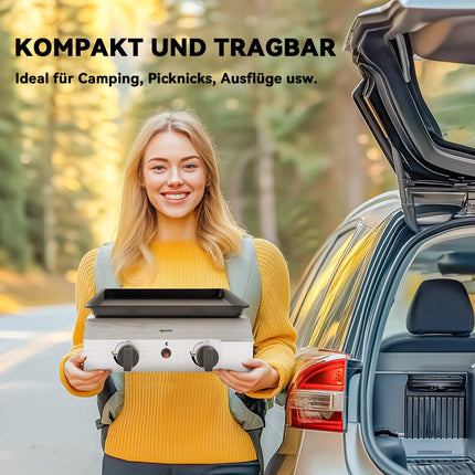 Gratar cu gaz 8000BTU/2,4 KW Carucior gratar cu 2 arzatoare din inox reductor de presiune furtun gaz picioare reglabile plita fierbinte, gratar de gradina pentru balcon, gratar de camping 44 x 44,5 x 19 cm