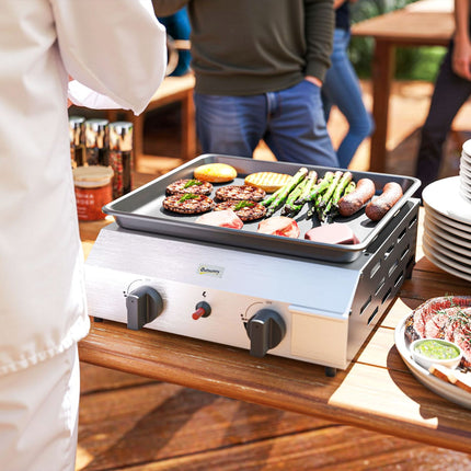 Gratar cu gaz 8000BTU/2,4 KW Carucior gratar cu 2 arzatoare din inox reductor de presiune furtun gaz picioare reglabile plita fierbinte, gratar de gradina pentru balcon, gratar de camping 44 x 44,5 x 19 cm